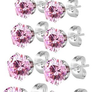 5 Pairs Black & Pink CZ Stud Earrings Set for Women, Hypoallergenic Stainless St
